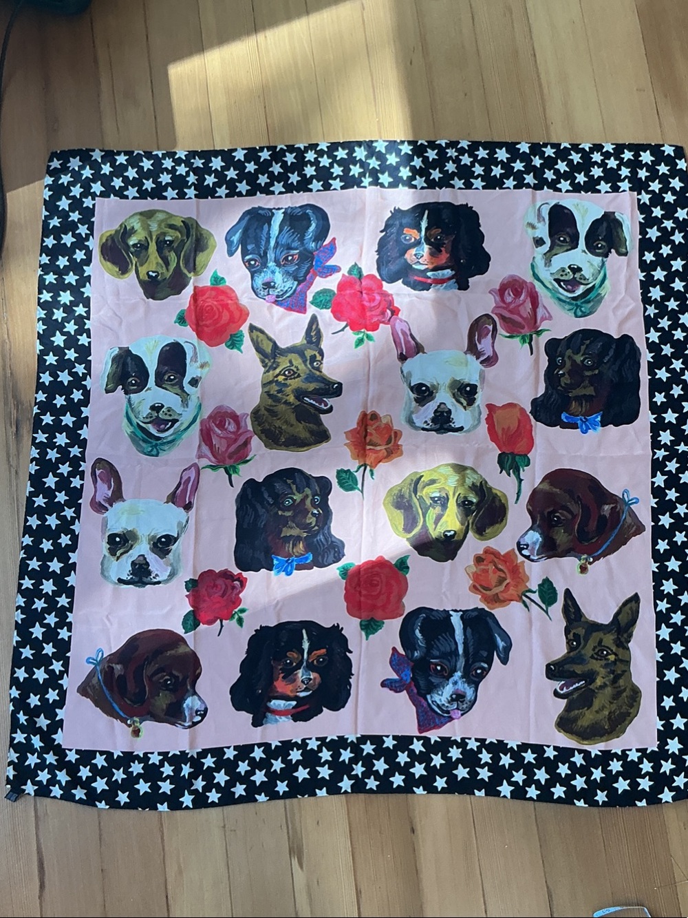 Natalie Lete Playful Dog Portrait Scarf in Vibrant Pink Silk